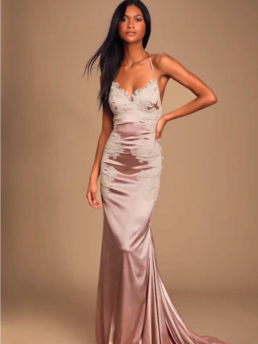 Lulus Fantasy Come True Mauve Pink Lace Satin Lace-Up Maxi Dress